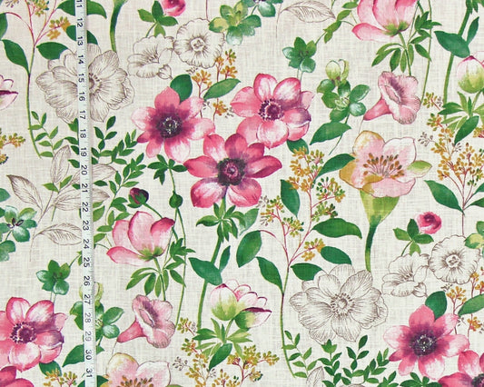 Pink floral fabric toile anemone meadow gentian nature watercolor