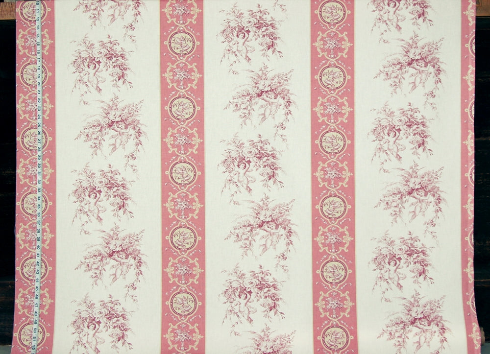 French angel toile fabric violet pink stripe