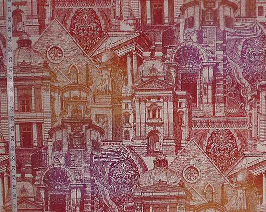 Patterned fabric with architectural designs in red and brown tones.