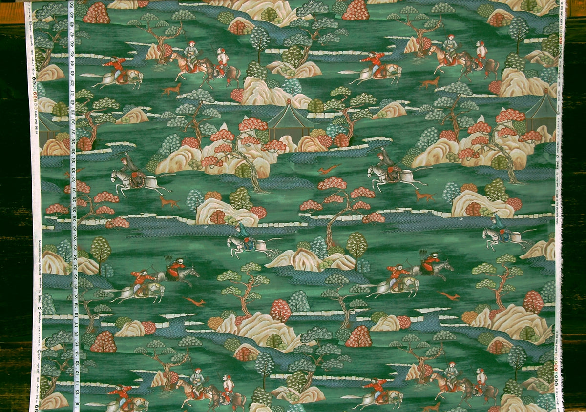 Asian hunting chinoiserie fabric green toile