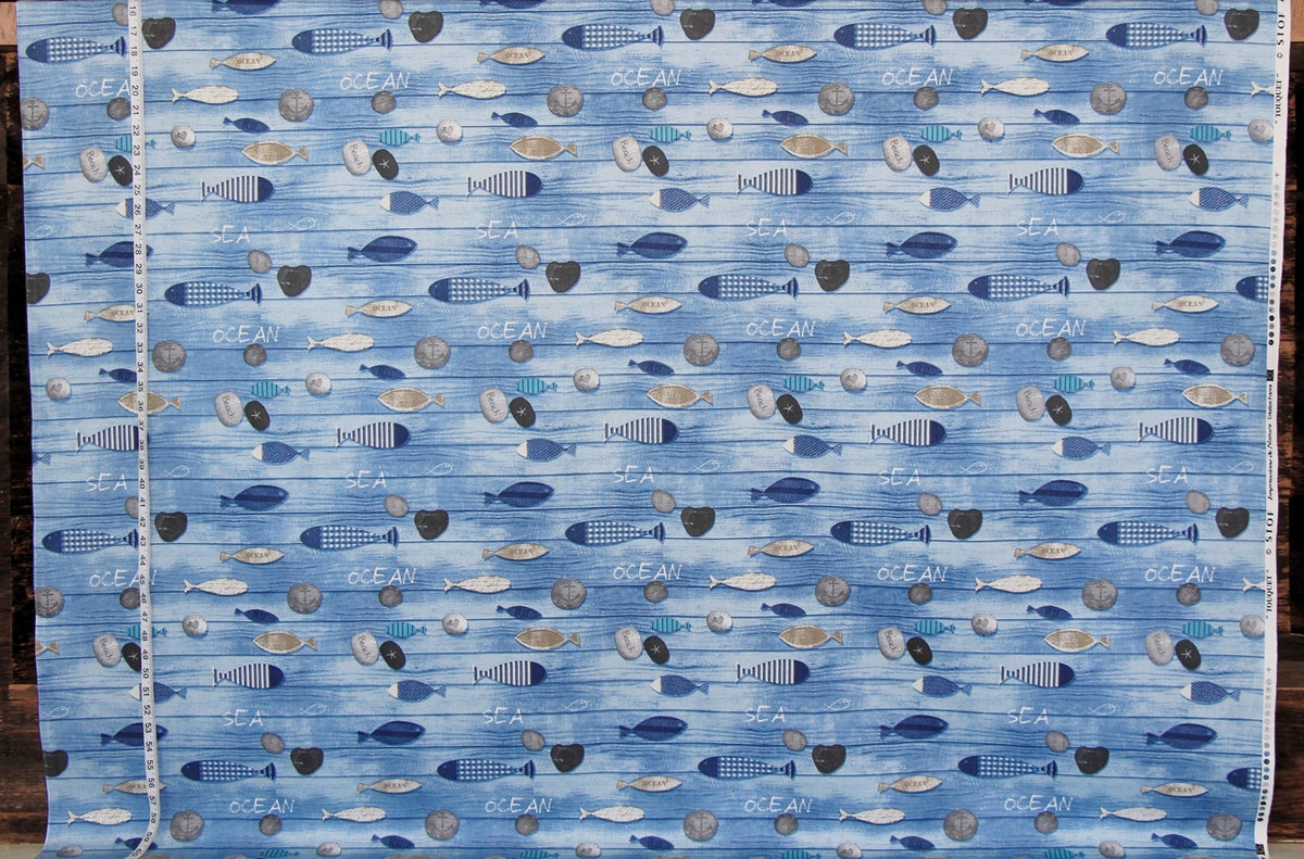 Blue beach fabric sea shore weathered boards wooden ocean fish