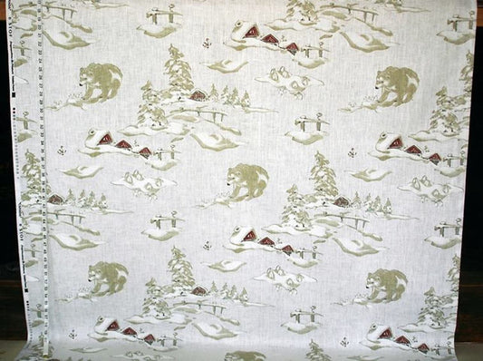 Fabric with winter-themed design featuring bears, trees, and snowflakes on a white background.