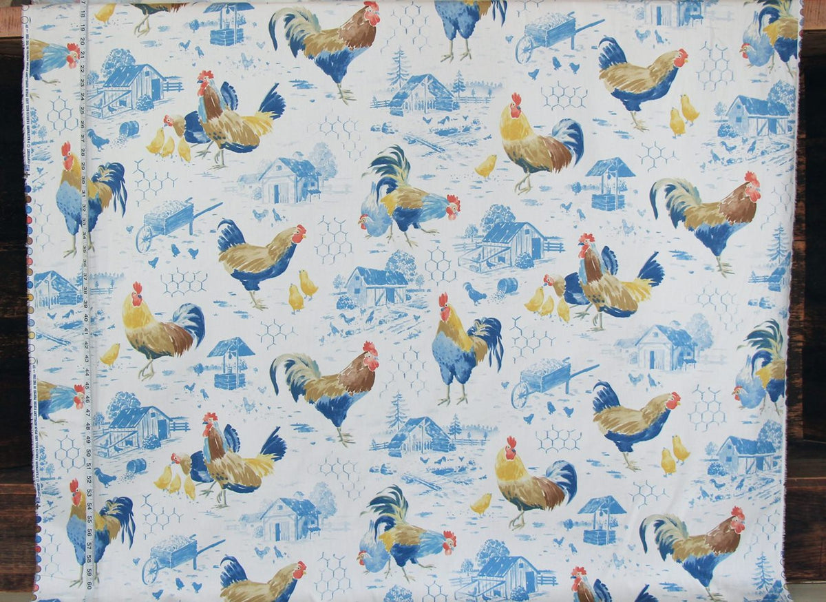 P.Kaufmann rooster strut farmhouse blue toile chicken wire