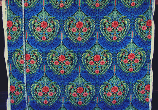 Blue floral medallion fabric rose watercolor black