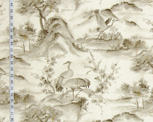 Grey brown crane chinoiserie fabric Asian toile mountain