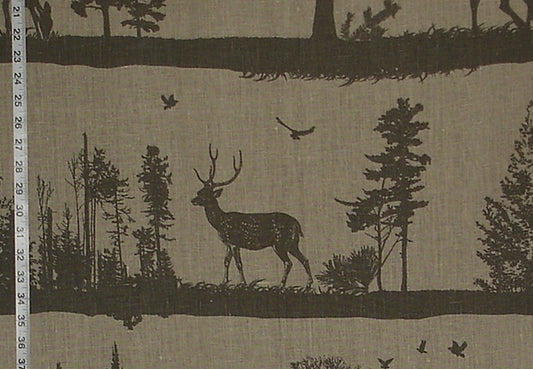 Deer Fabric Lodge Decor Silhouette Grey Brown Linen