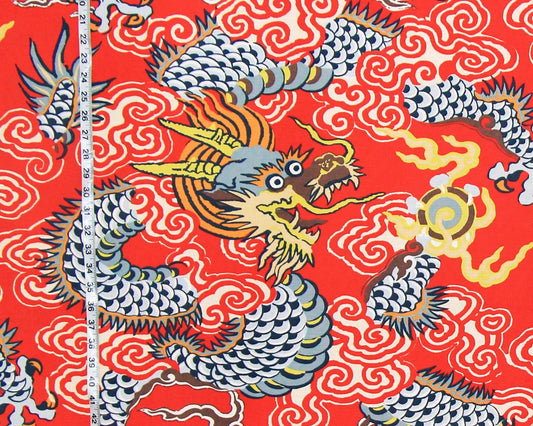 Orange Oriental dragon fabric Asian Chinese Japanese