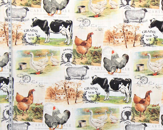 French farm fabric rooster goose cow sheep