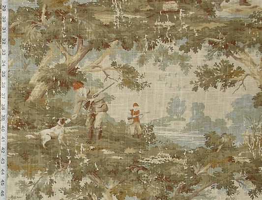 Fabric swatch with hunting scene design featuring people and a dog in an outdoor setting.