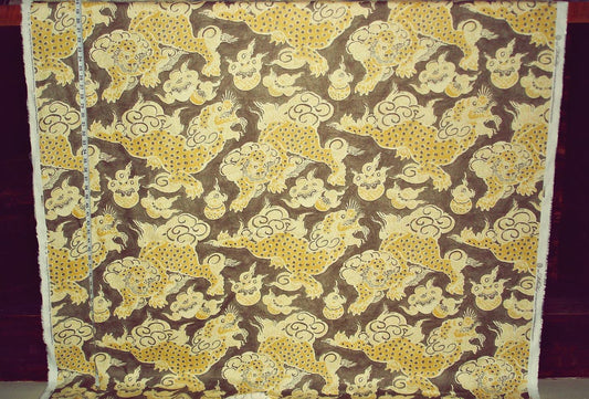 Asian Oriental Dragon Fabric Foo Dog Lion Taupe Gold Yellow Linen