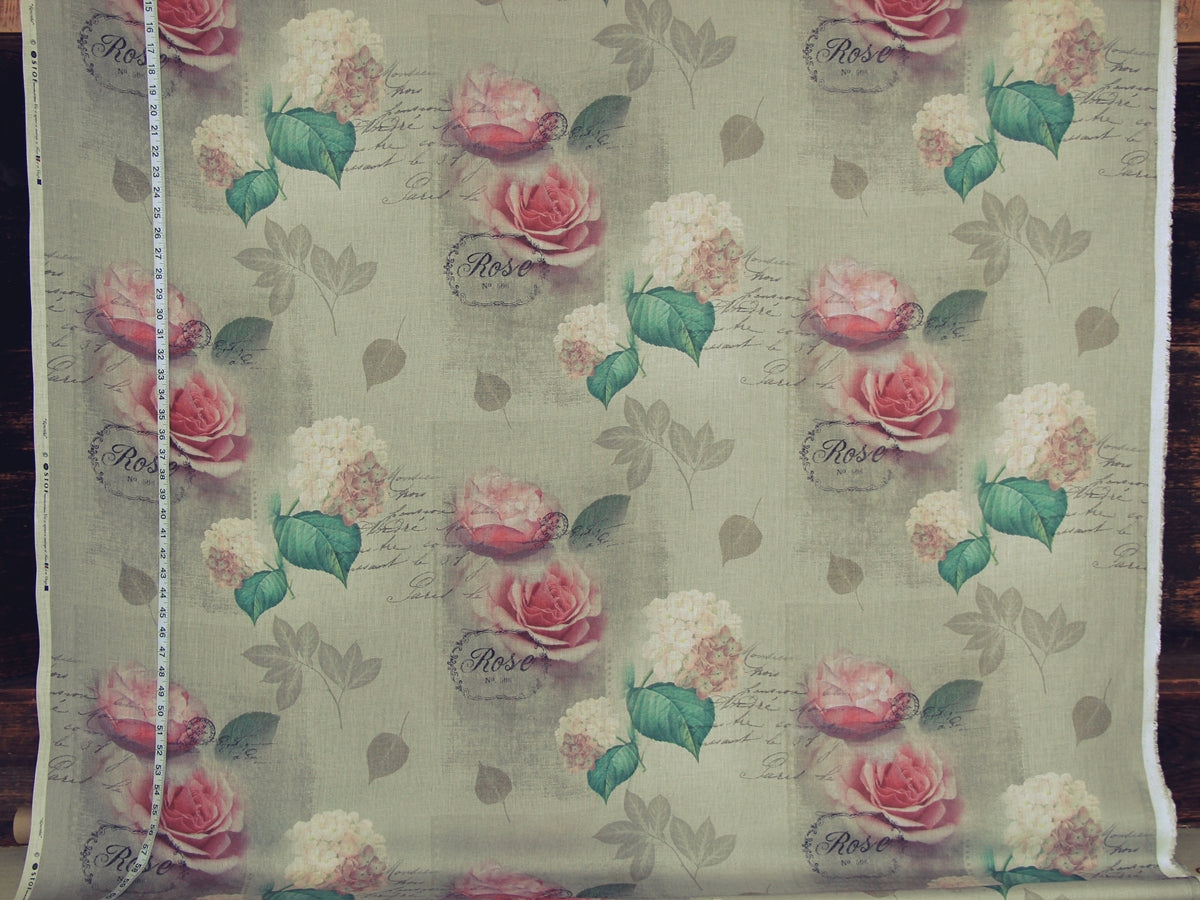 Pink rose fabric hydrangea French document letter romantic linen