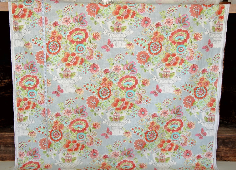 Orange pink floral fabric summer flower circus jester linen : 45" Remnant