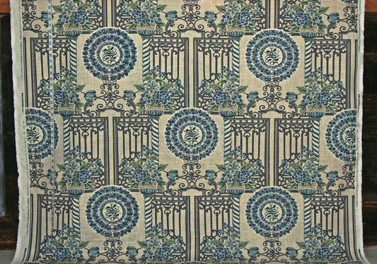 Garden Fabric Architecture Fence Floral Crown Blue Linen