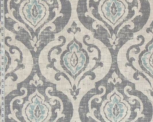 Medieval scroll fabric grey blue fleur de lyse
