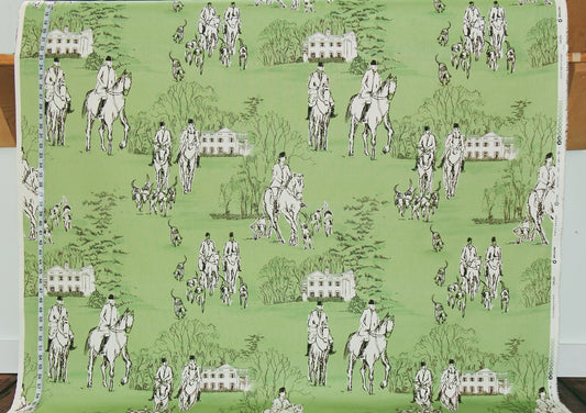 Horse Hunt Fabric - Equestrian, Hounds, Modern Toile, Green