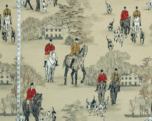 Horse Hunt Fabric - Equestrian, Hounds, Modern Toile, Red, Orange, Gold
