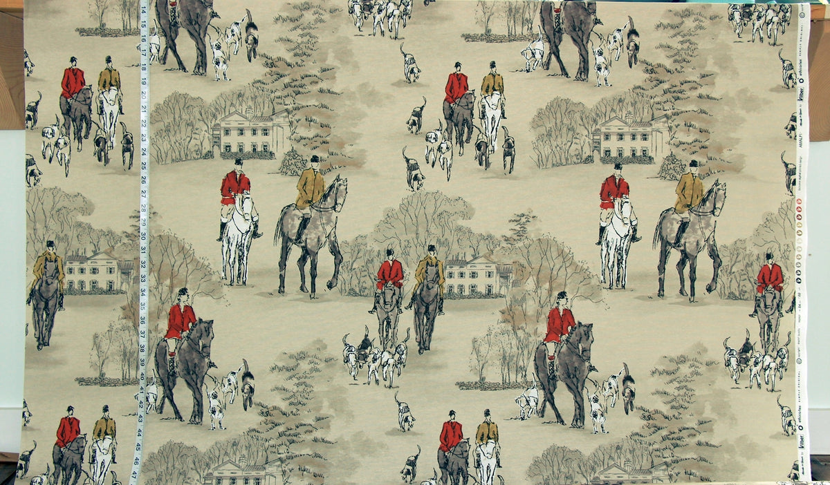 Horse Hunt Fabric - Equestrian, Hounds, Modern Toile, Red, Orange, Gold