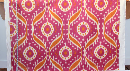 Clarence House fabric tribal violet orange ikat linen Tagore