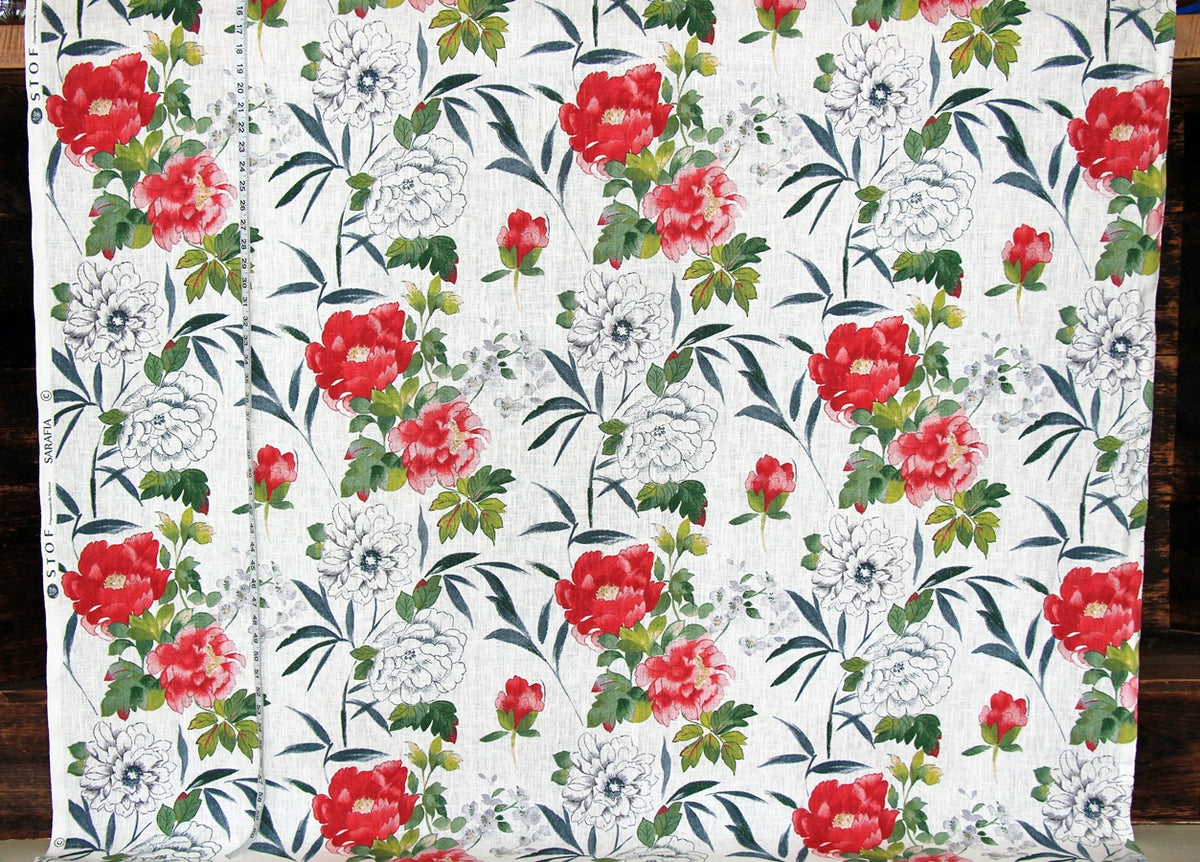 Red pink peony toile fabric linen floral watercolor