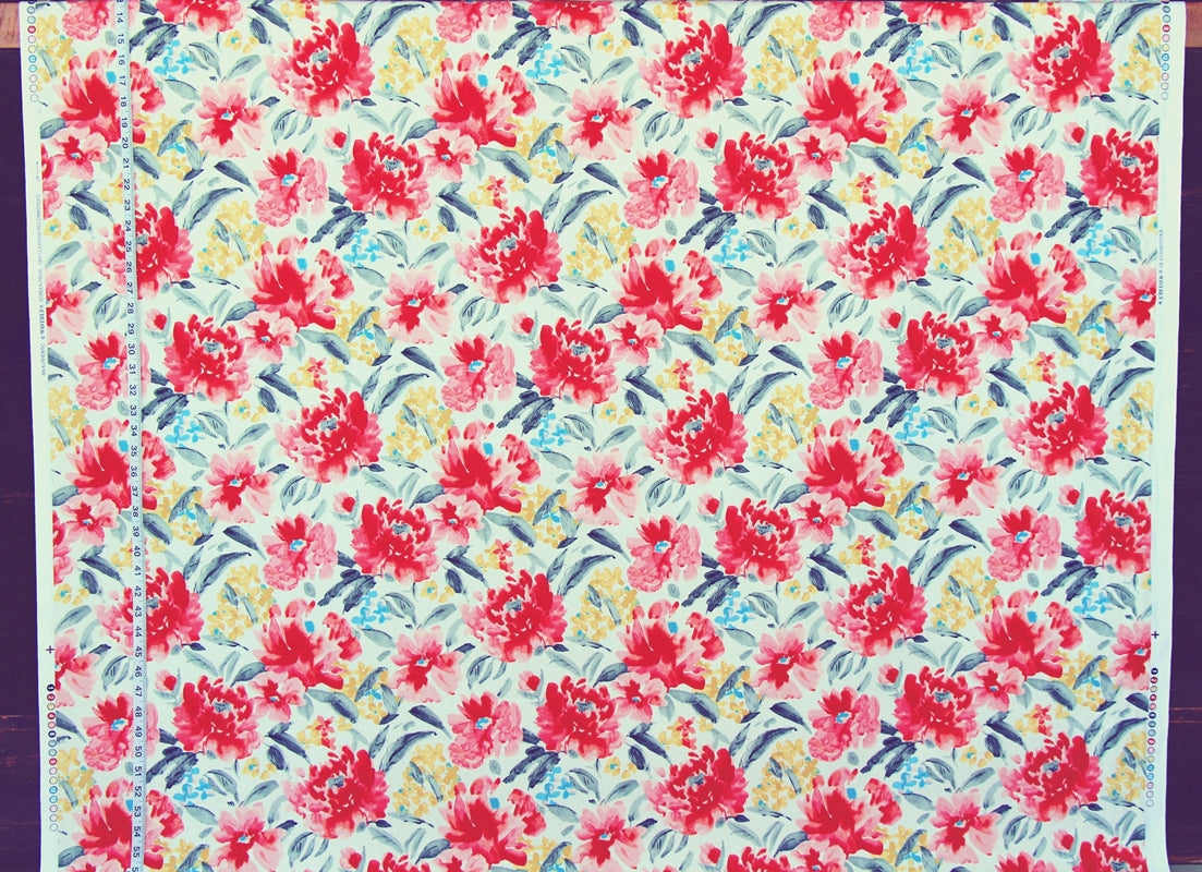 Red pink peony fabric spring flower garden watercolor