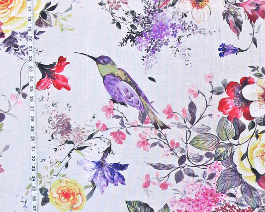 Purple tropical bird fabric spring floral yellow rose linen