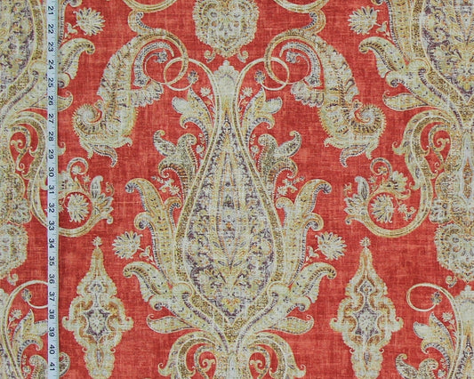 Red orange paisley fabric purple gold vintage look linen- 48"