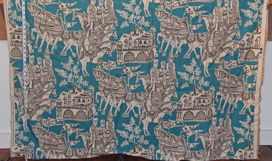 Teal Indian toile fabric blue Asian horse REMNANT- 36"