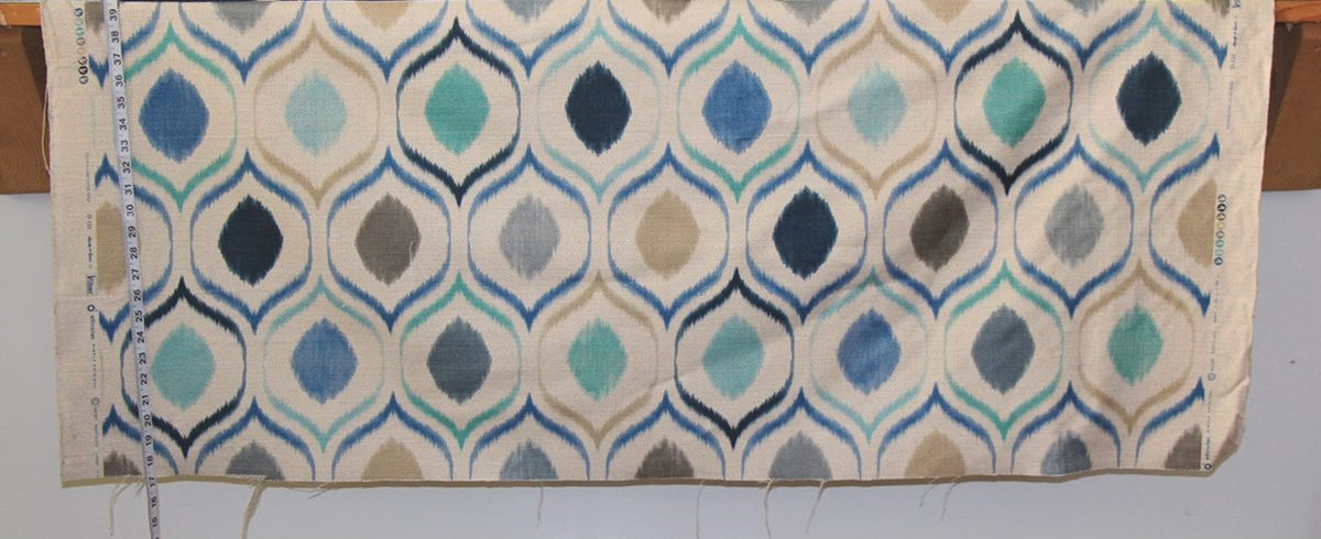 Blue ikat fabric aqua oval upholstery : 24" Remnant