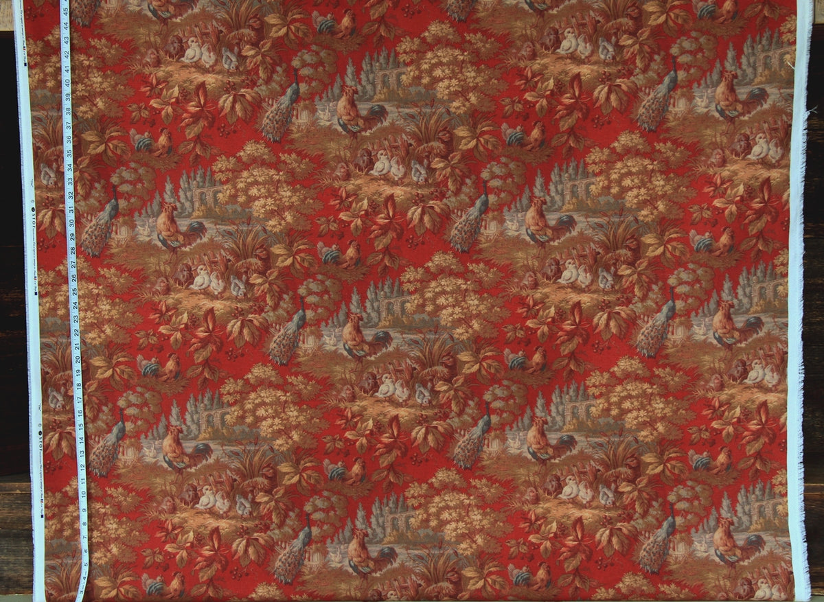 Red rooster toile fabric country peacock chickens