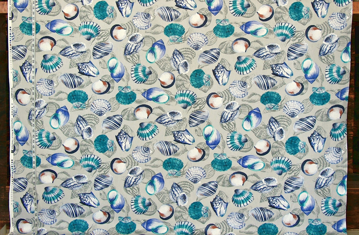 Blue teal seashell fabric aqua grey toile purple ocean