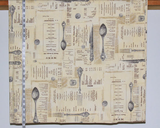 French English menu tablecloth 55" L x 54 1/2"W