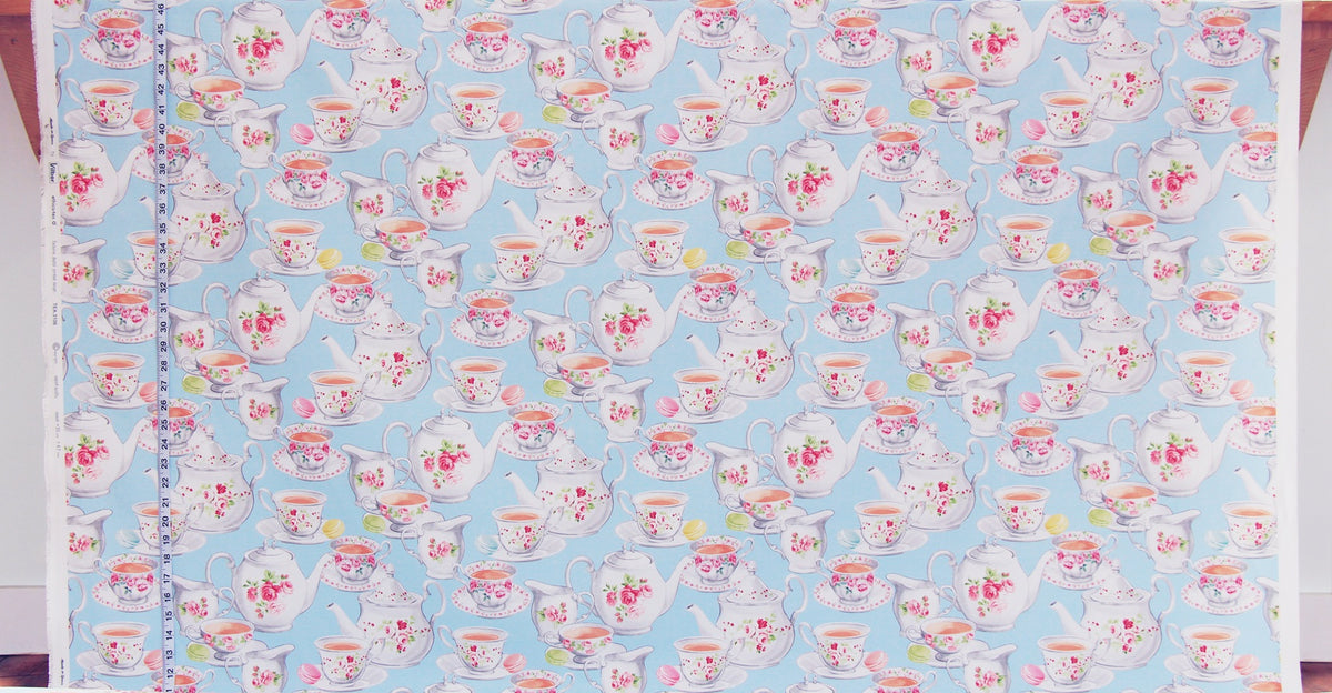 Blue teapot fabric vintage rose china teacup