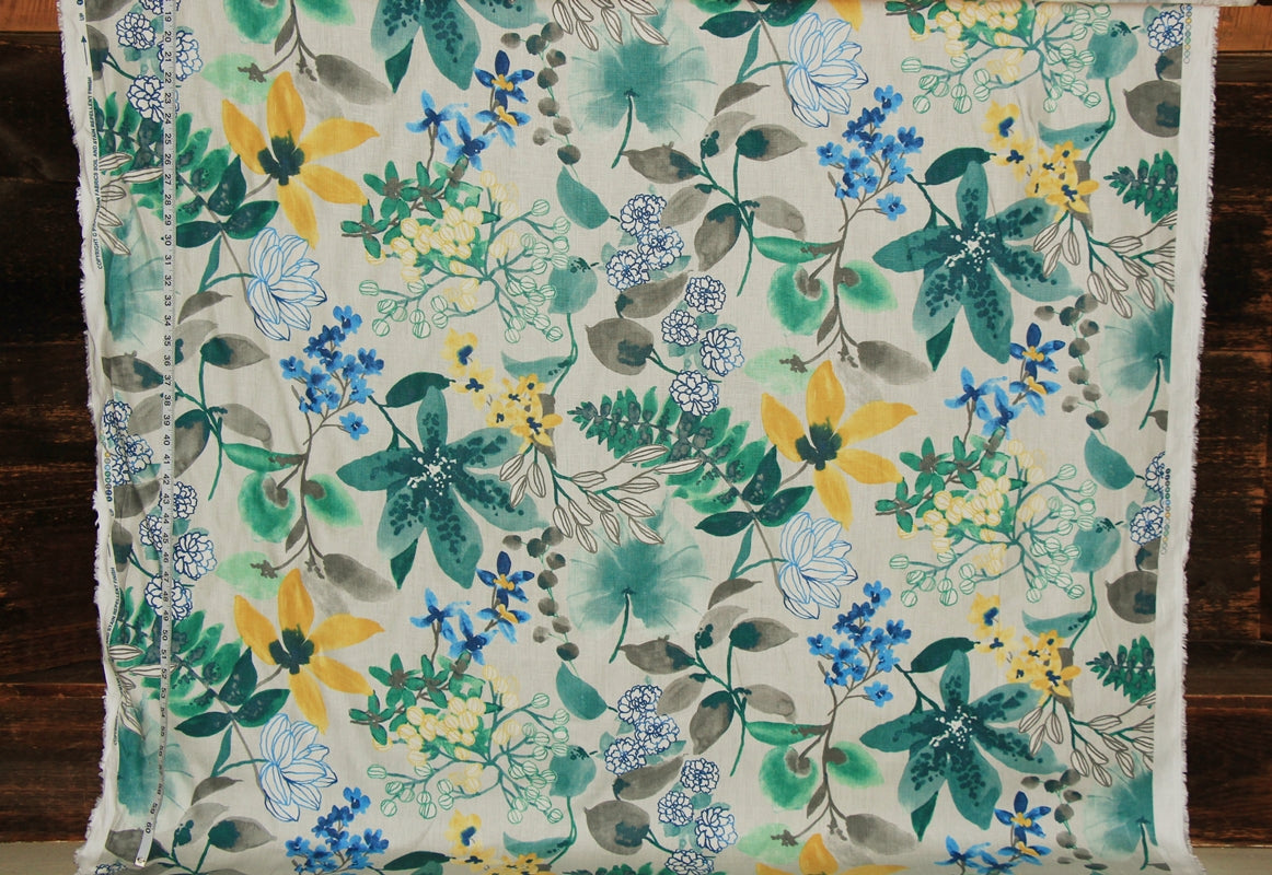 Tropical floral fabric orchids watercolor evening teal linen