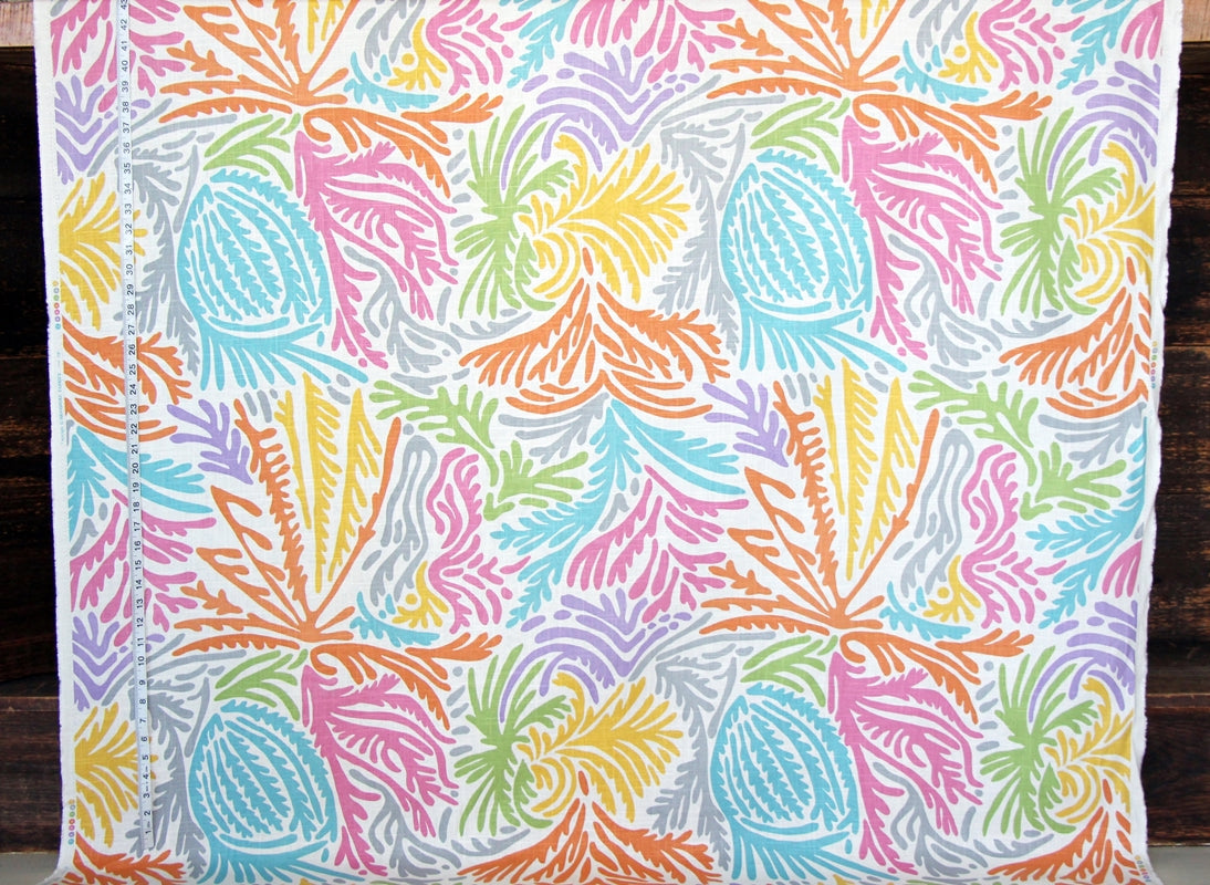 Tropical beach fabric retro ocean palm coral abstract linen : 35" Remnant
