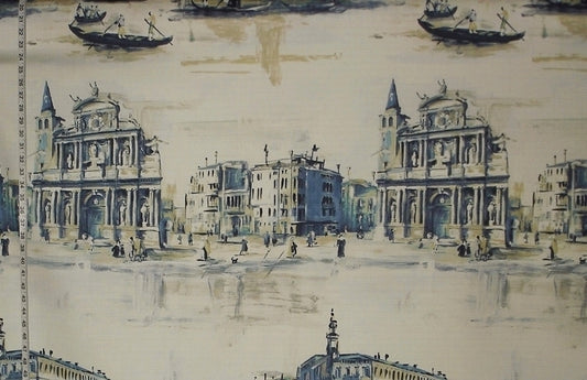 Fabric with printed design of architectural buildings and canals.