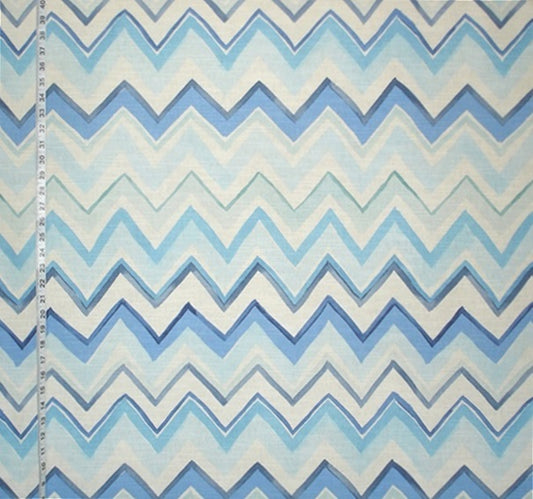 Fabric with blue and beige zigzag pattern