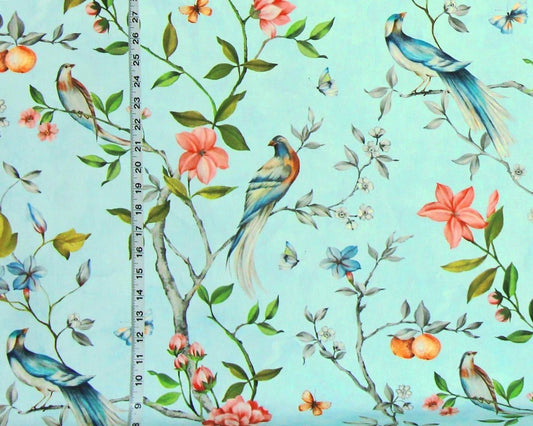 Blue bird garden fabric aqua floral
