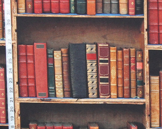 A close-up view of vintage bookshelves filled with antique leather-bound books. A white measuring tape is visible along the left edge, likely indicating shelf or book dimensions.
