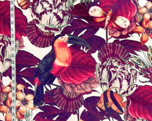 Tropical botanical fabric toucan floral fauna seashell bird fish velvet material