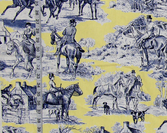 Yellow blue equestrian horse fabric Victorian toile