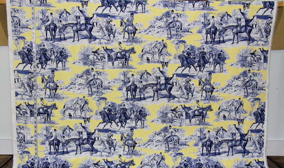Yellow blue equestrian horse fabric Victorian toile