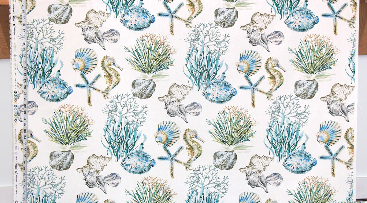 Ocean fabric fish seashell seahorse