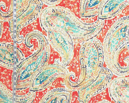 Orange teal aqua watercolor paisley fabric