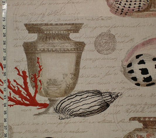 Red Coral Fabric Antique Seashell Ocean Document
