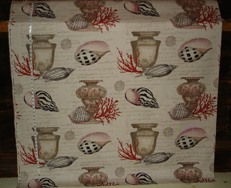 Red Coral Fabric Antique Seashell Ocean Document