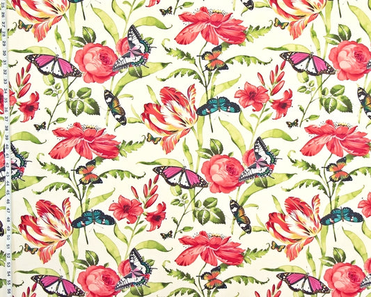 Tulip Fabric, Red Rose, Lilly, Poppy, Butterfly, Salmon-Coral