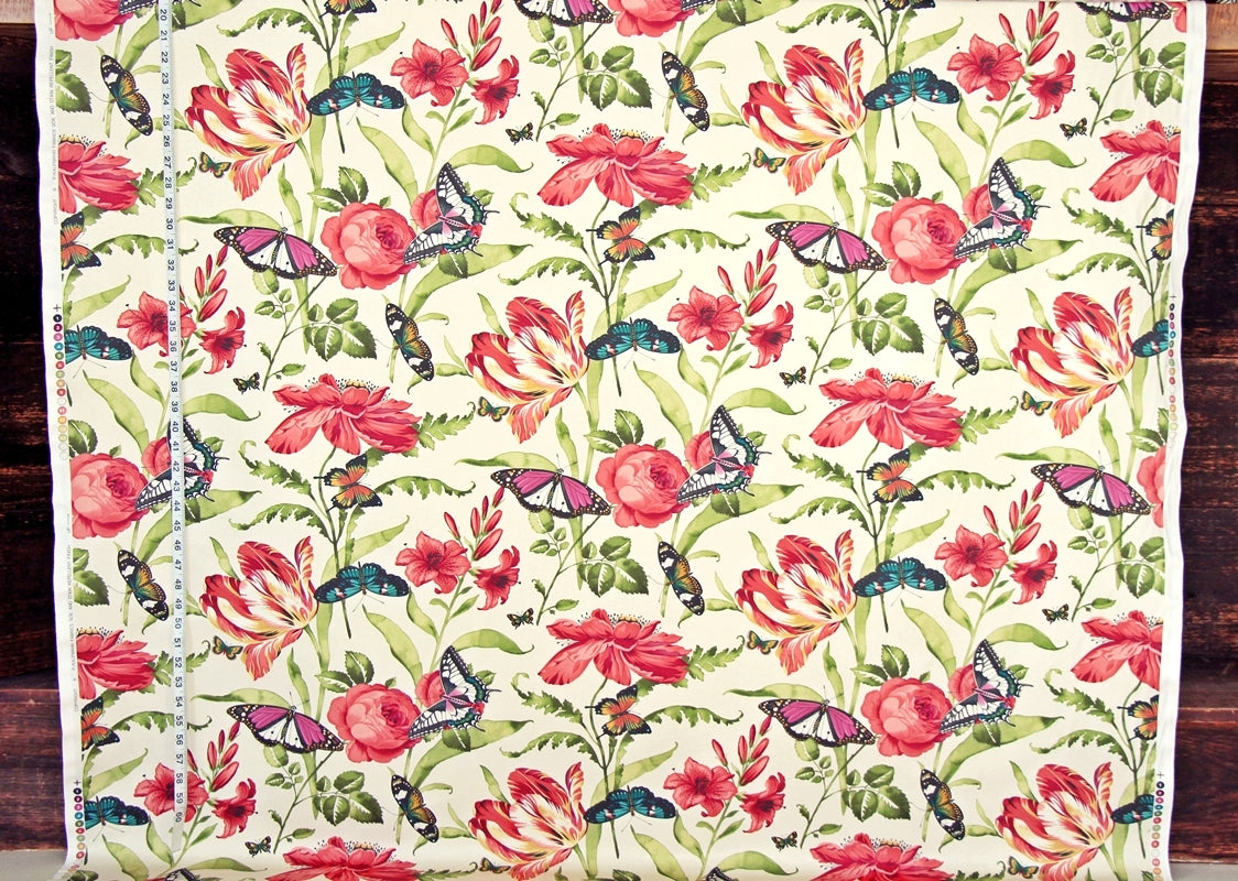 Tulip Fabric, Red Rose, Lilly, Poppy, Butterfly, Salmon-Coral