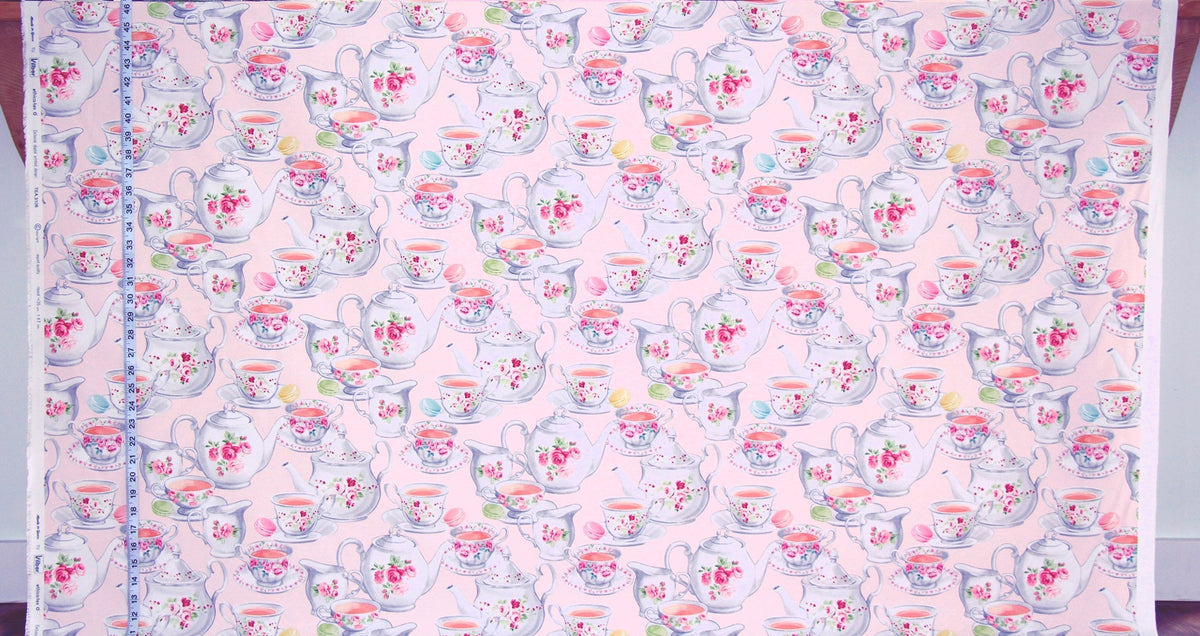 Pink teapot fabric vintage rose china teacup
