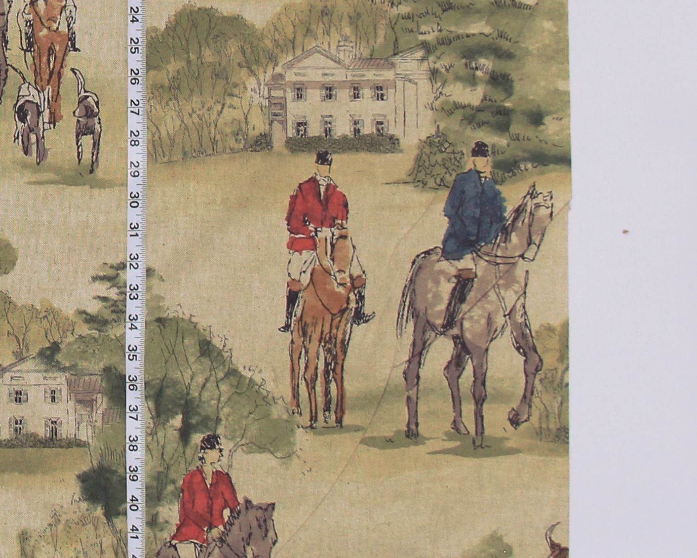 Horse hunt fabric equestrian hounds toile red blue 2 1/2 yards Second