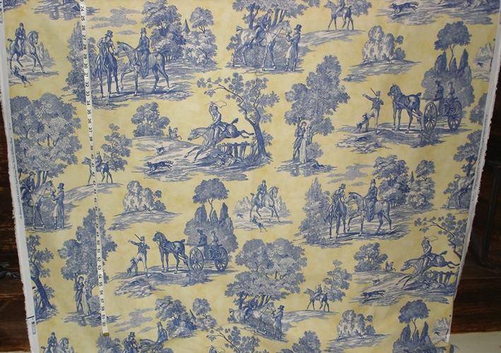 Vintage French Equestrian Horsemen Cotton Fabric ~ Ochre Petrol Blue Teal Gray 